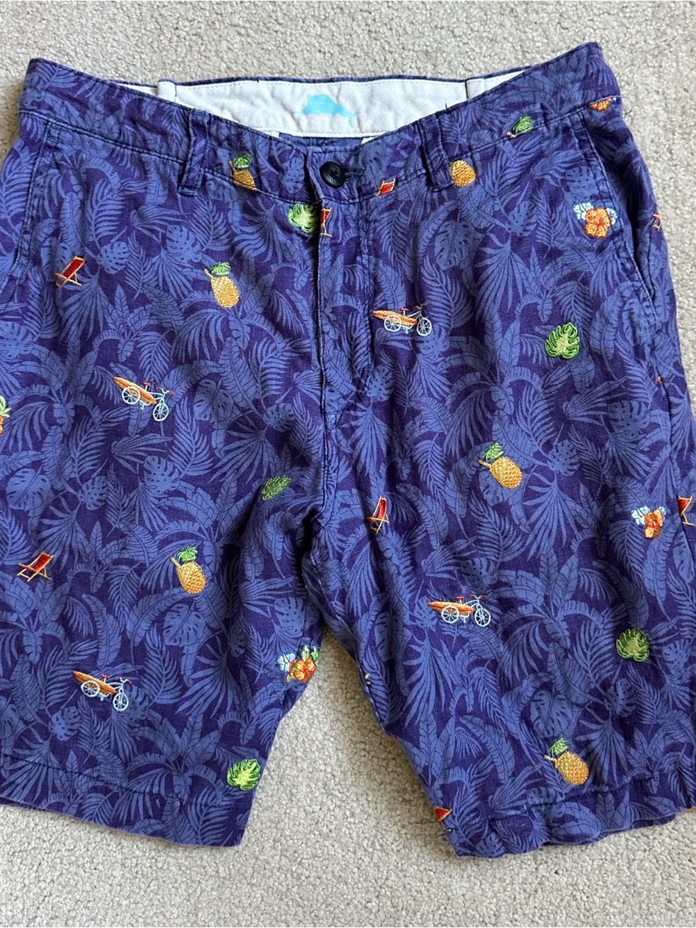 Tommy Bahama 100% Linen Beach-Cation Purple Tropical Embroidered Shorts
